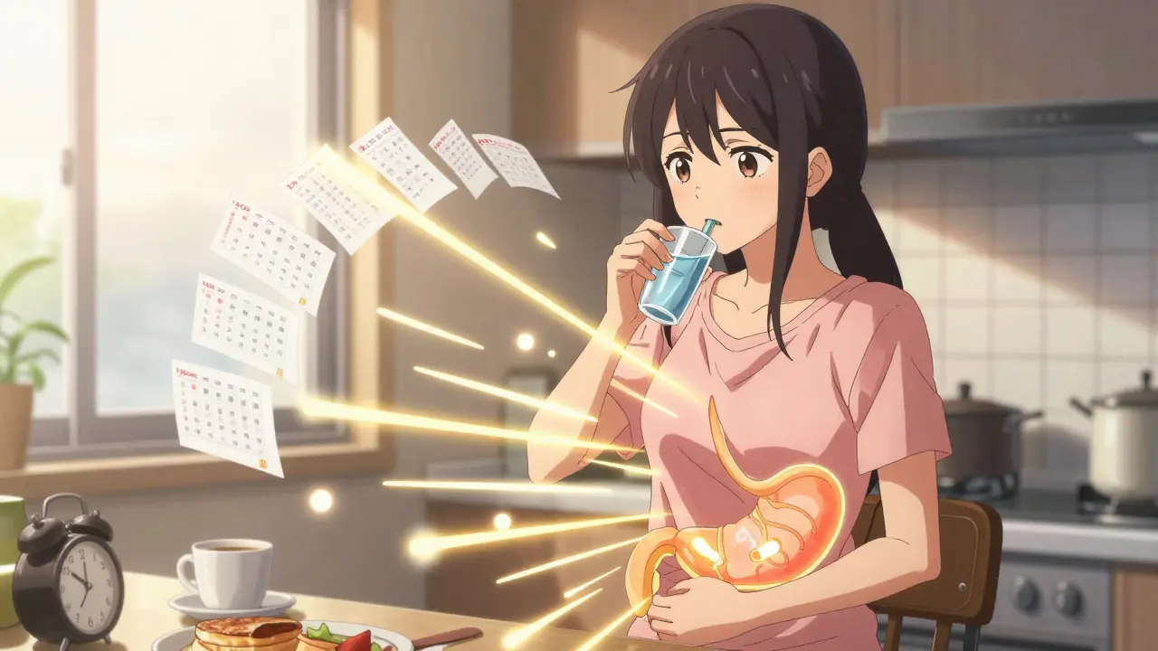 A woman taking a PPI at dawn, with glowing proton pumps shutting down in her stomach.