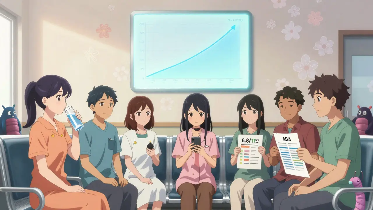 Diverse patients in clinic with OIC treatments and glowing success chart above.