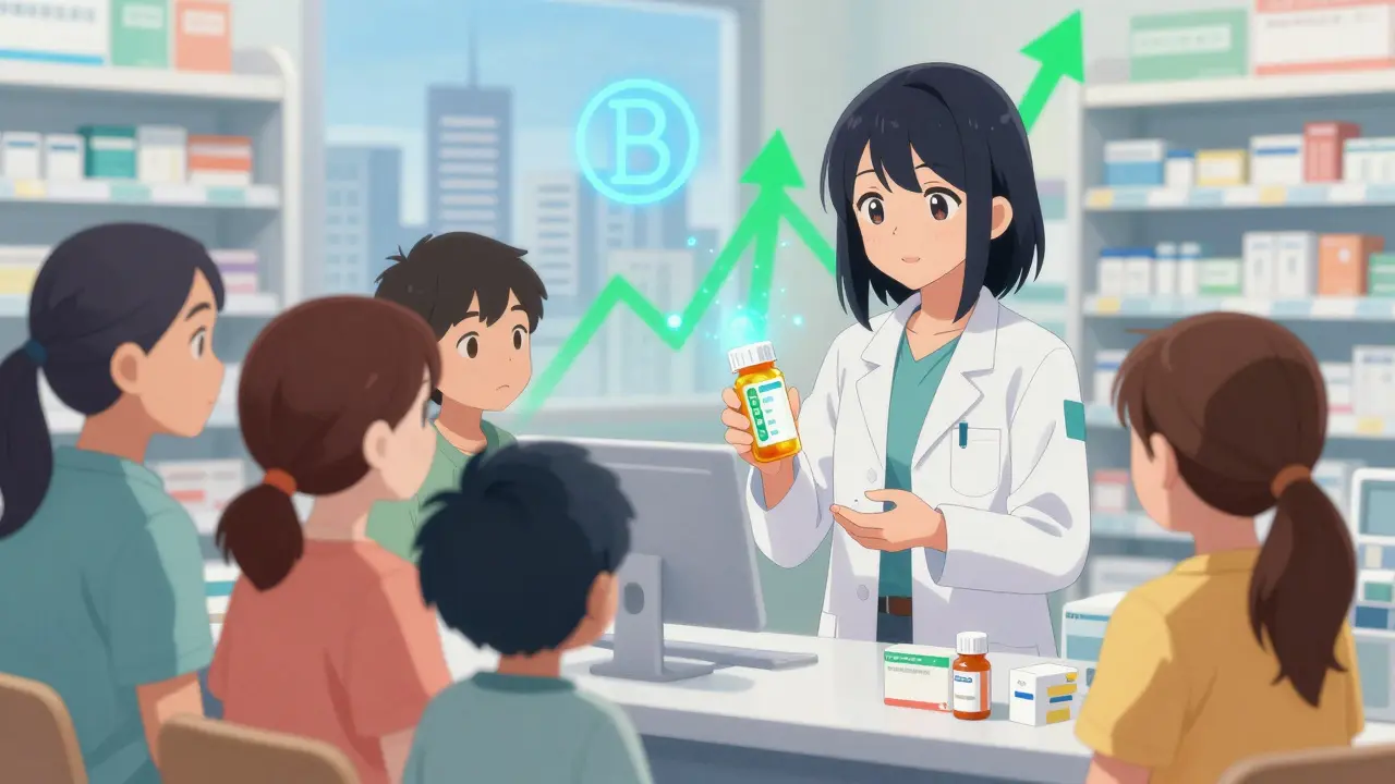 Diverse patients receive generic meds in a bright pharmacy, smart pill bottles glowing with digital reminders.