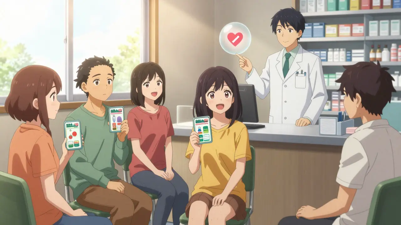 Diverse people in a pharmacy consultation room holding personalized medication passports with animated alerts.