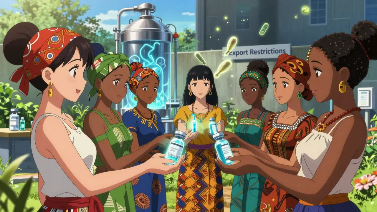 Diverse young women in traditional attire pass glowing vaccine vials in a sunlit regional hub, with pulsing bioreactors behind them.