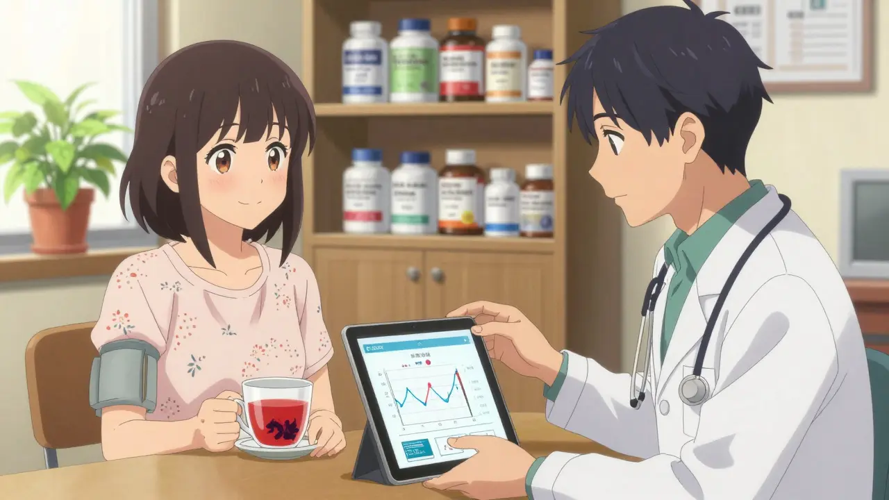 Doctor and patient reviewing blood pressure trends on tablet during consultation, hibiscus tea on table.