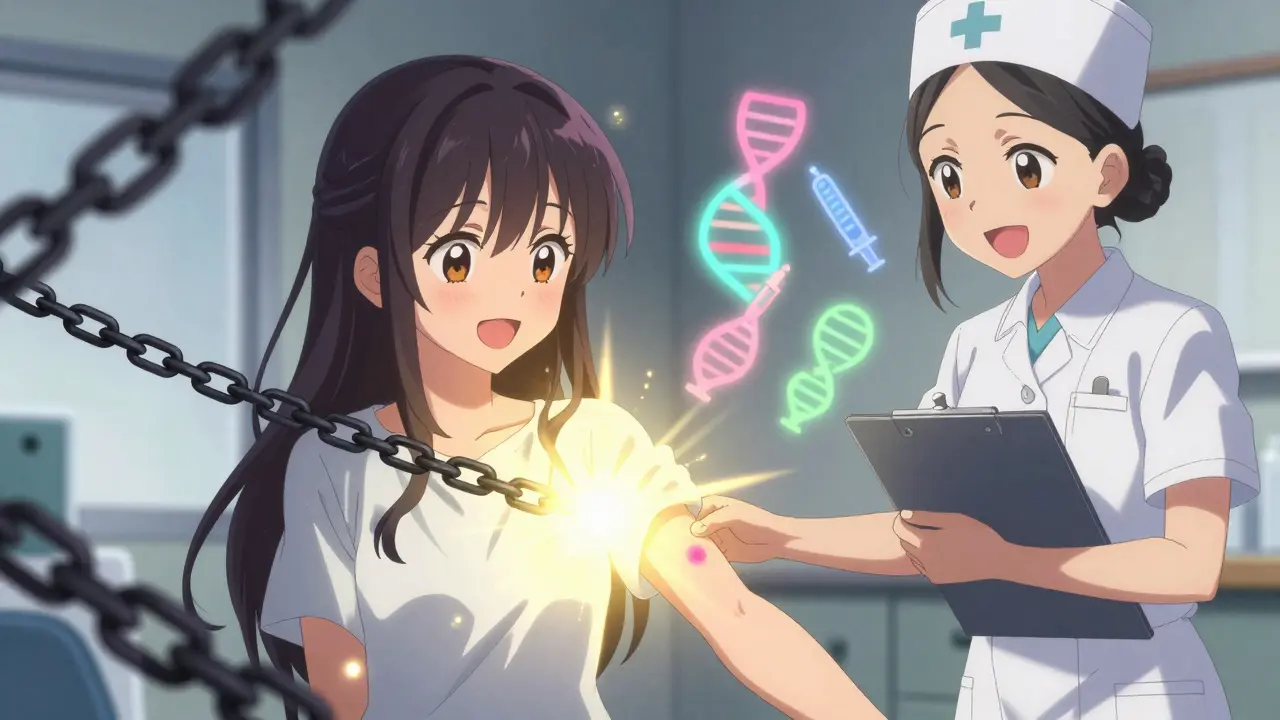 Female patient receiving a negative penicillin skin test with golden light dispelling fear.