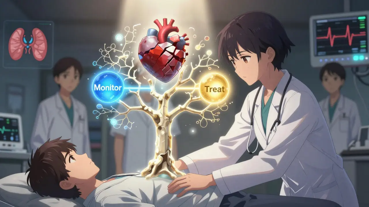 Patient guided by doctors toward treatment or monitor choices, heart and bone healing in background.