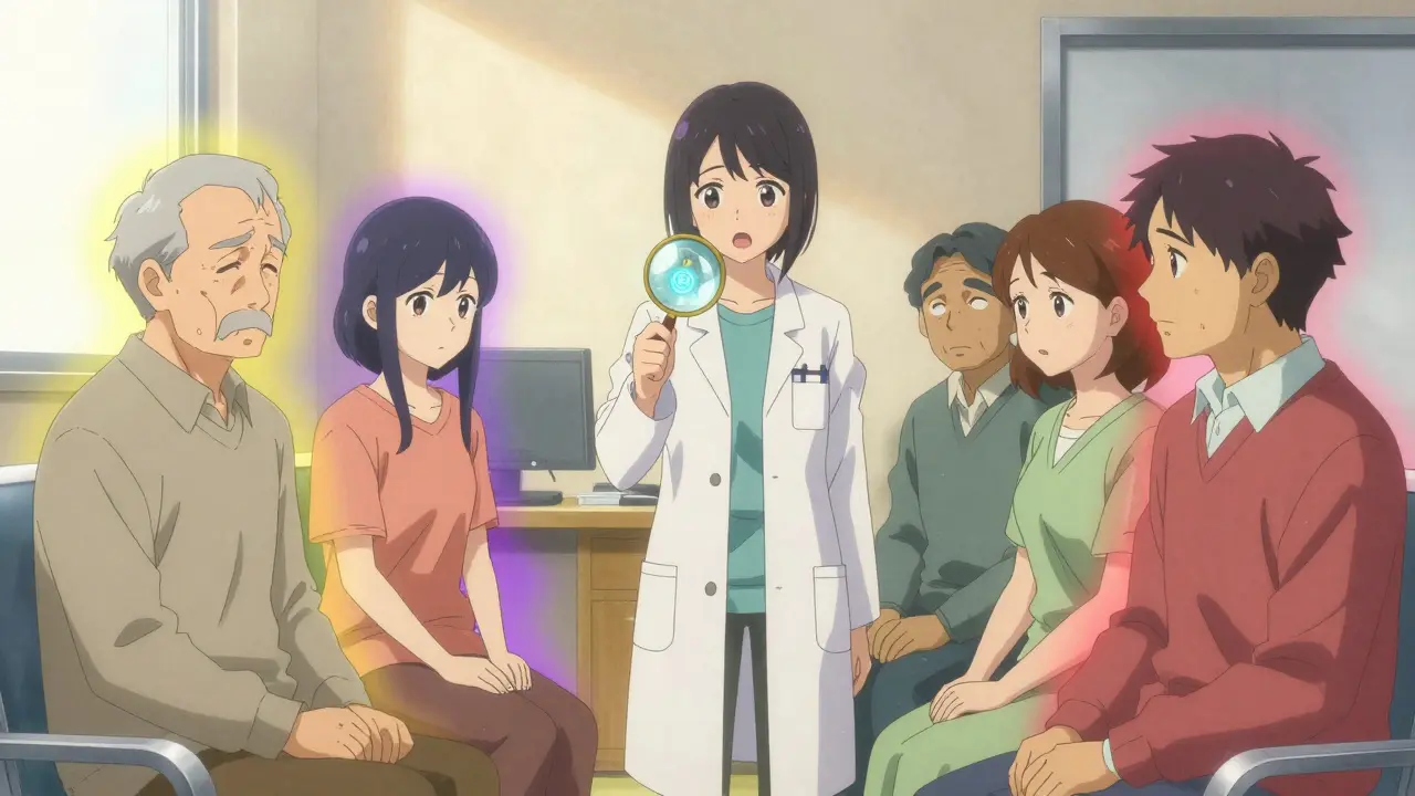 Patients in a clinic each glow with different colors representing their symptoms after switching to generic medications.