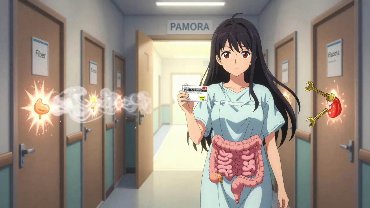 Teen girl holding naldemedine prescription as failed treatments fade behind her.