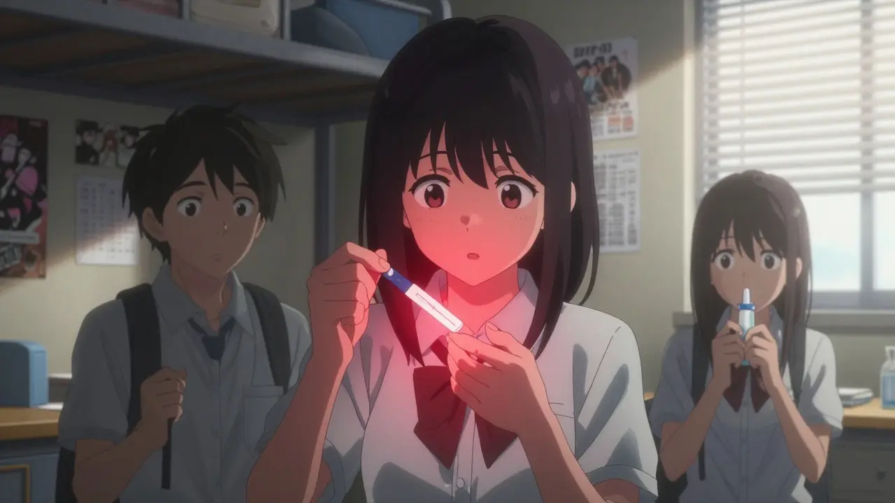 Three teens in a dorm watch a fentanyl test strip turn one line while one holds naloxone, morning light streaming through blinds.