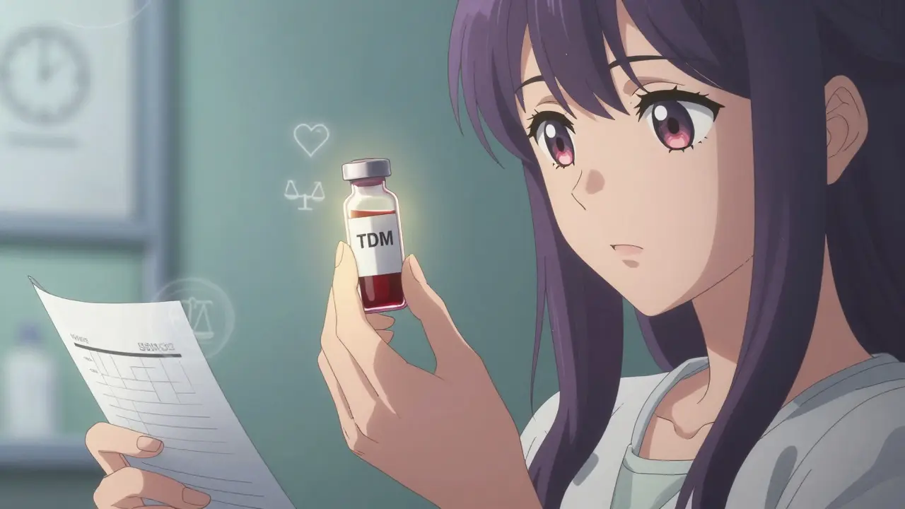Woman holding a blood vial labeled TDM with a medication journal, symbolizing personalized treatment.
