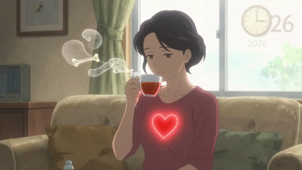 Woman in living room with red heart aura and drifting bone fragments, symbolizing hidden health risks.