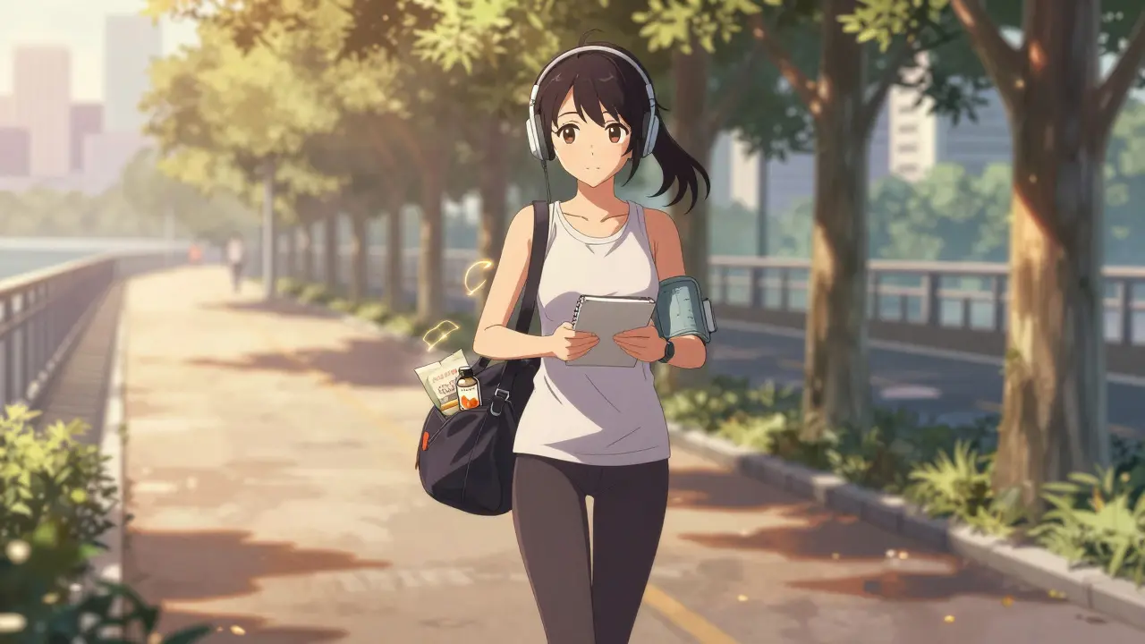 Woman jogging at dawn with notebook recording blood pressure, CoQ10 and garlic extract in her gym bag.