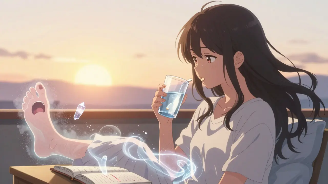 A calm young woman taking her gout medication at sunrise, with fading ghost images of past flares dissolving around her feet.