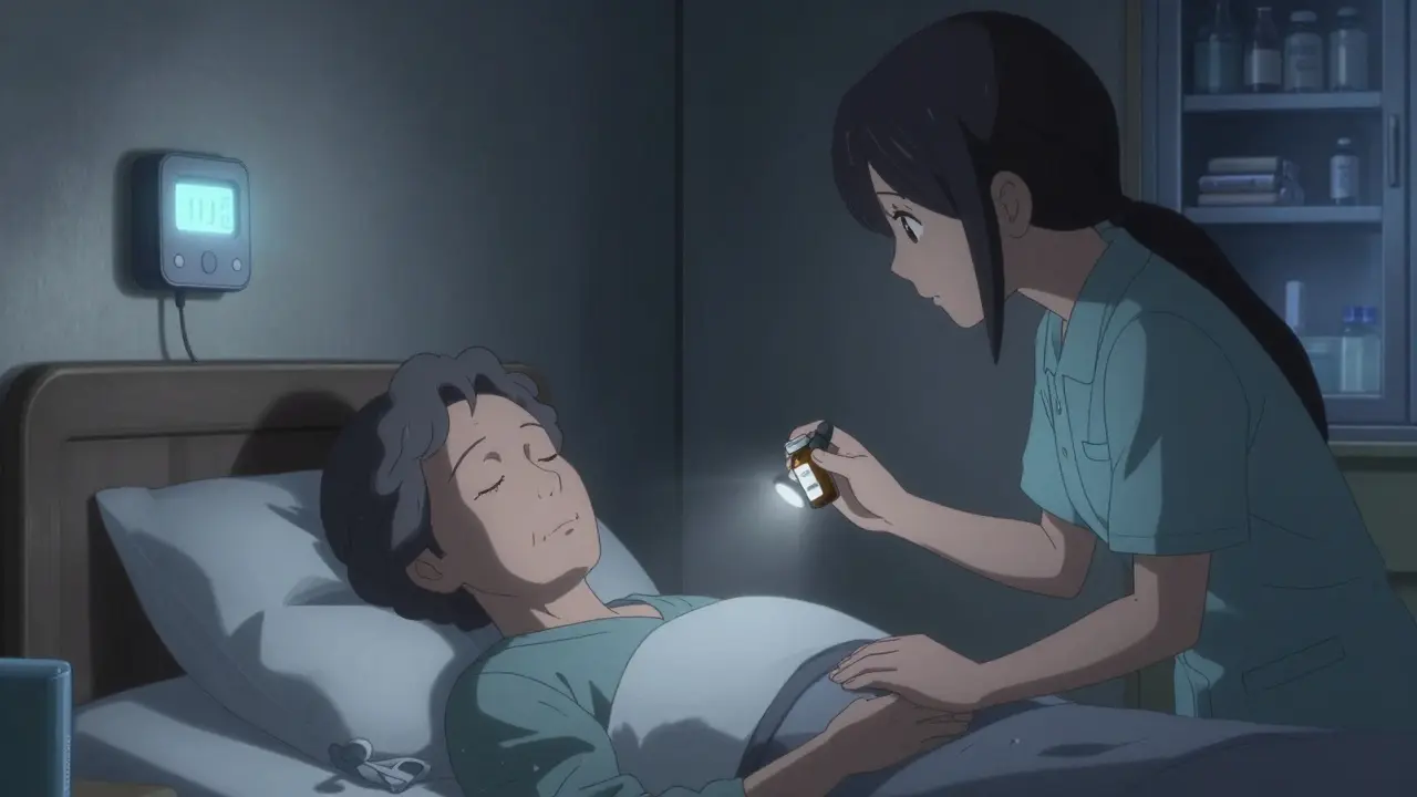 A caregiver checks a medicine expiration date beside a sleeping elderly person under moonlight.