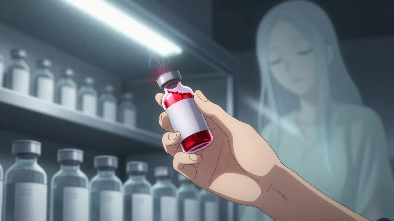 A hand mislabels a vial as red degradation particles escape, with a fading patient figure in the background.