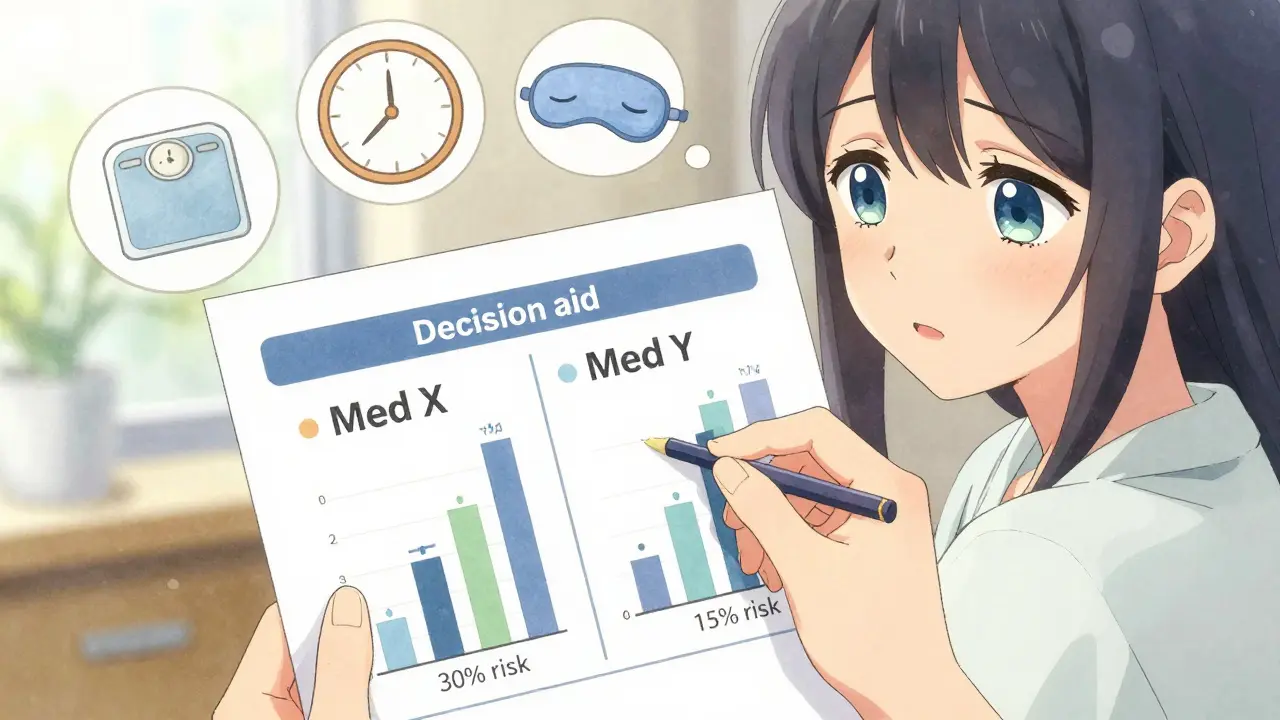A patient studies a medication comparison chart with tearful eyes, thought bubbles showing weight, sleep, and dosing icons.