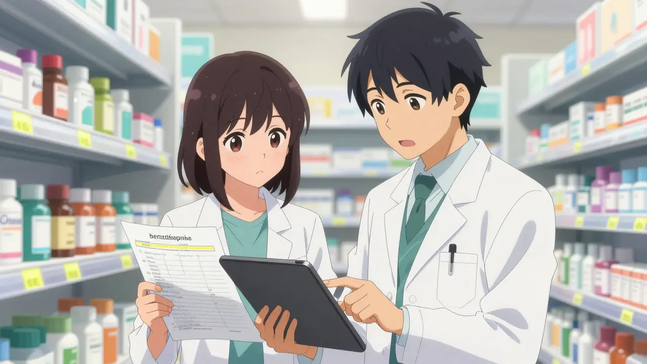 A pharmacist and caregiver review medication lists together in a brightly lit pharmacy.