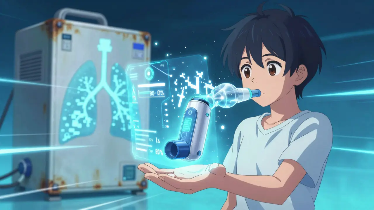 A teen holding a smart inhaler with holographic data, nebulizer fading in background, futuristic anime style.