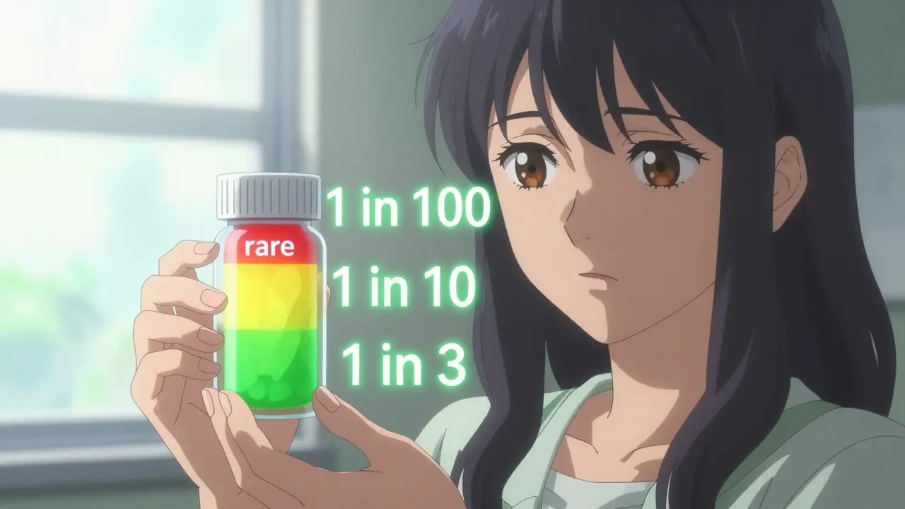 A woman holding a pill bottle with transparent risk tiers showing likelihood of side effects: common, uncommon, rare.
