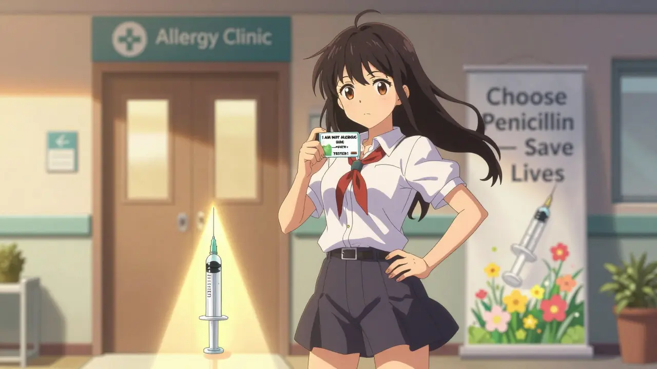 A woman holding a wallet card declaring she's been tested, walking toward a penicillin-safe future.