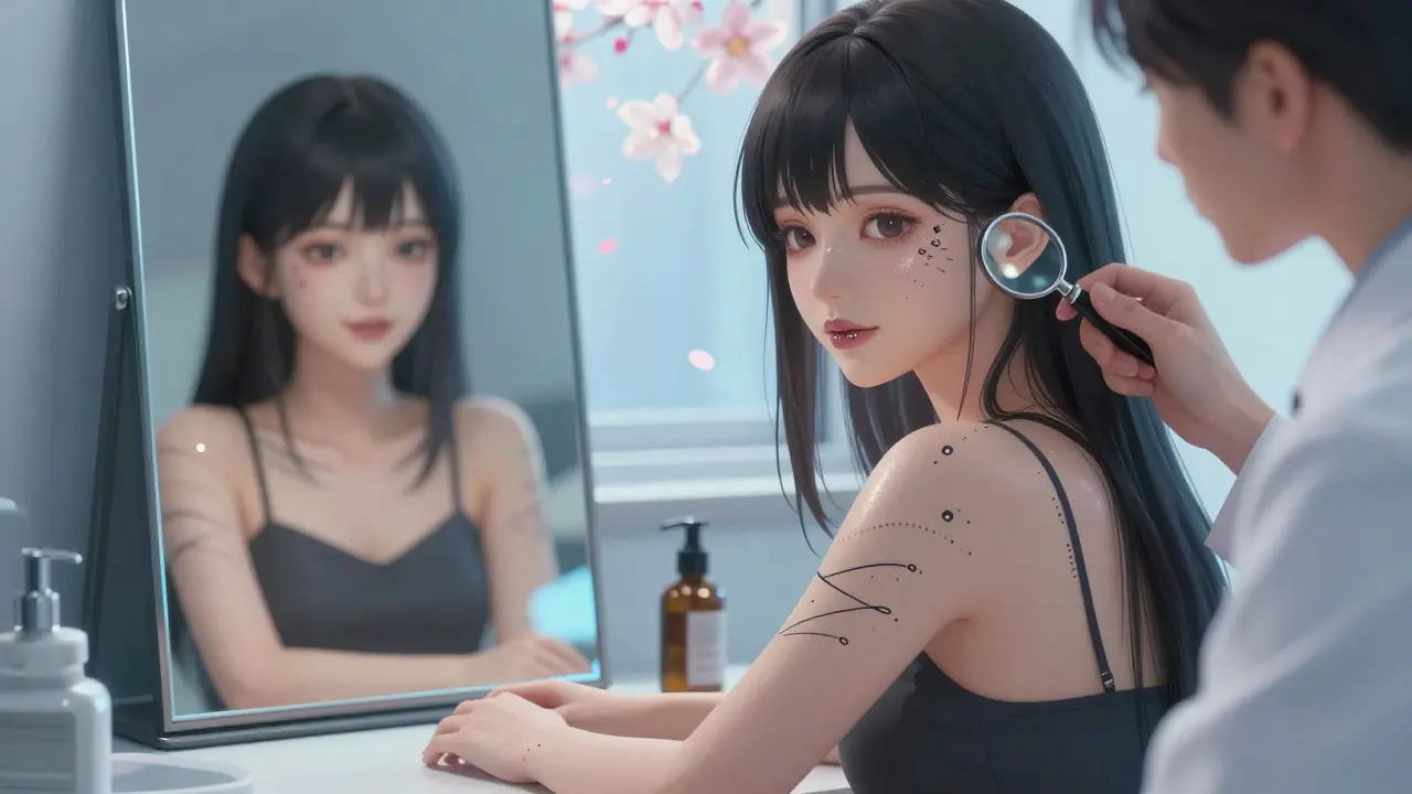 A woman with micropigmented lips and wrists smiling calmly in a clinic, symbolizing confidence and stability.