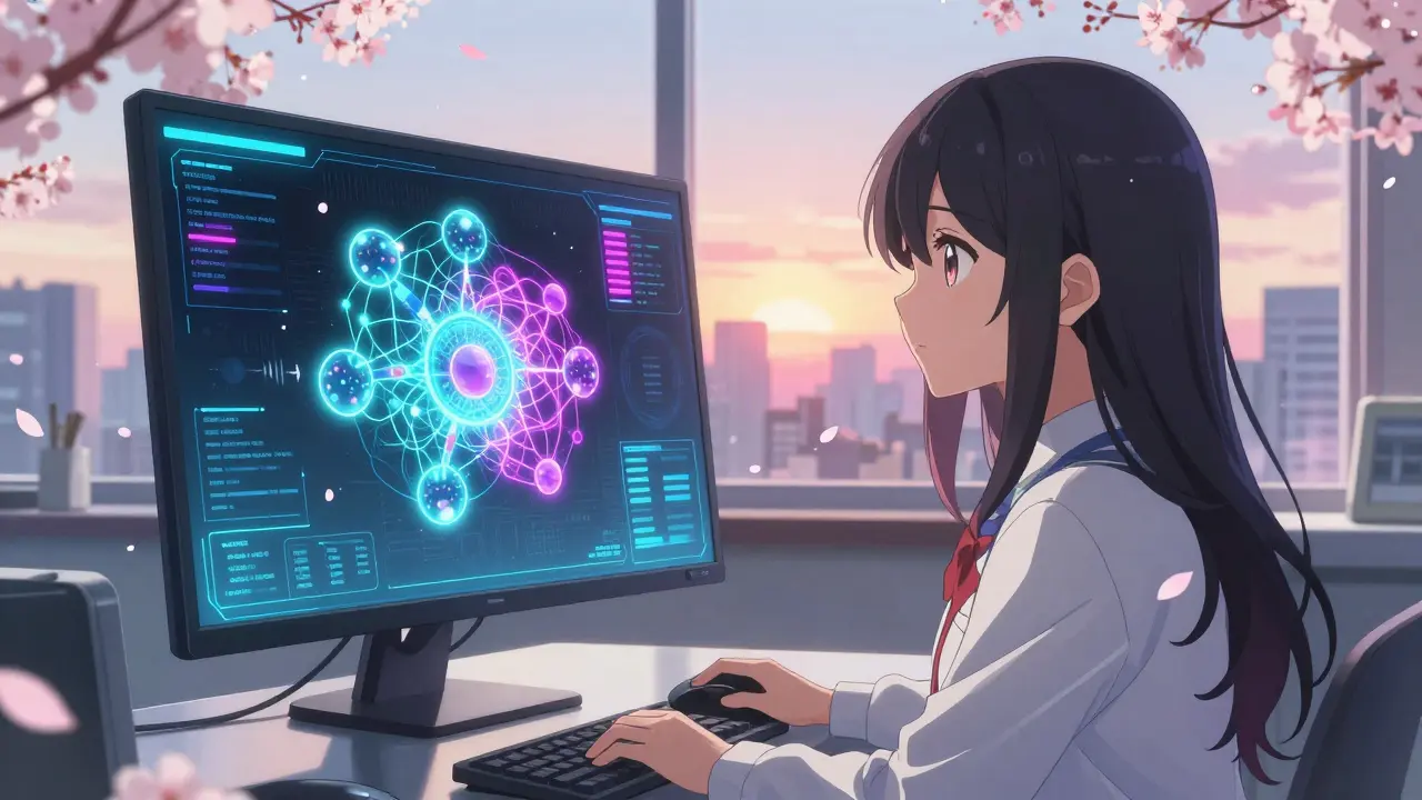 An analyst watches an AI project drug degradation paths with neon data streams in a futuristic lab.