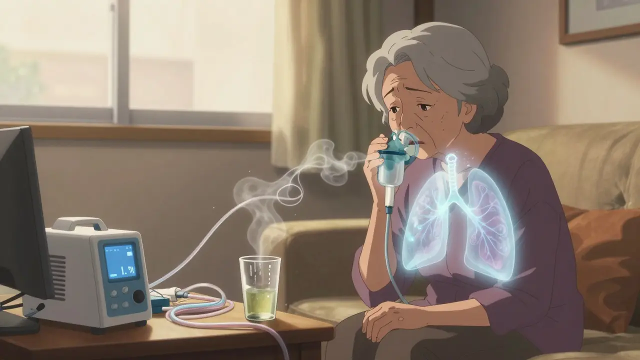 An elderly woman with a messy nebulizer, ghostly mist escaping, warm lighting, emotional scene.