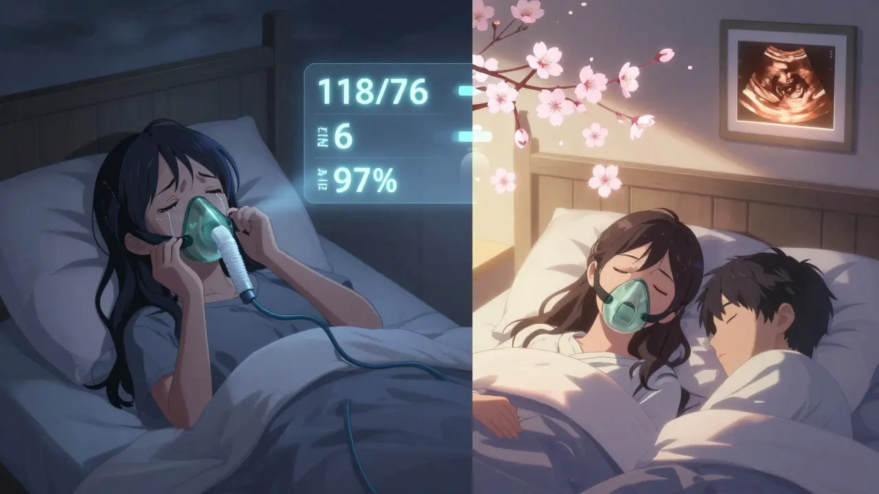 Before-and-after scene of pregnant woman adapting to CPAP therapy, transitioning from tears to peaceful sleep with health metrics glowing like cherry blossoms.