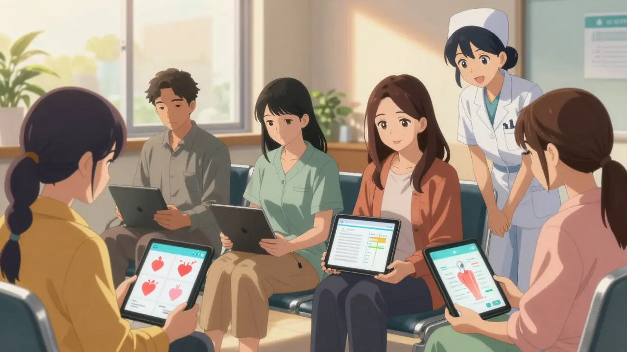 Diverse patients in a clinic use digital decision aids, each quietly reflecting on personal risks and benefits under warm light.