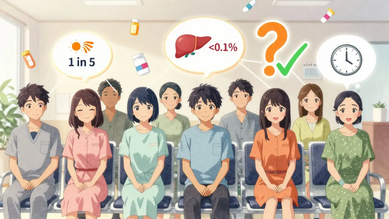 Diverse patients in a waiting room with personalized thought bubbles showing side effect risks and likelihoods.