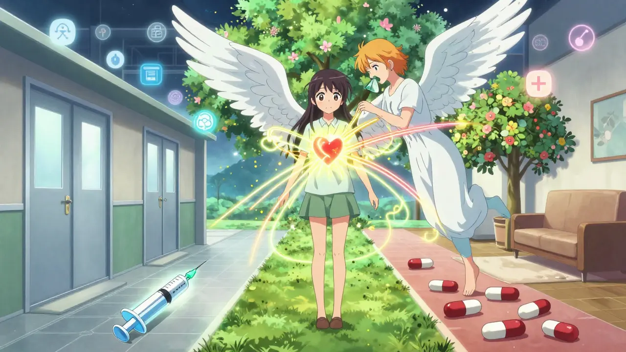 Girl between two paths of immunotherapy, immune system as guardian angel, pollen dissolving into light around her.