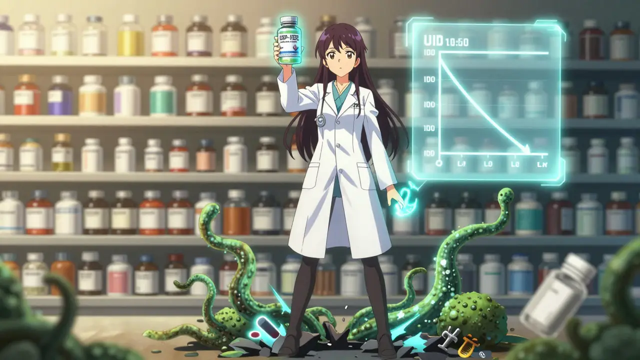 Medical superheroine holding USP-verified supplement, destroying dangerous bottles with glowing energy.