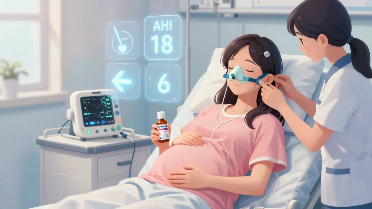 Pregnant woman in sleep lab with technician adjusting CPAP mask, glowing health metrics visible, warm medical lighting, serene atmosphere.