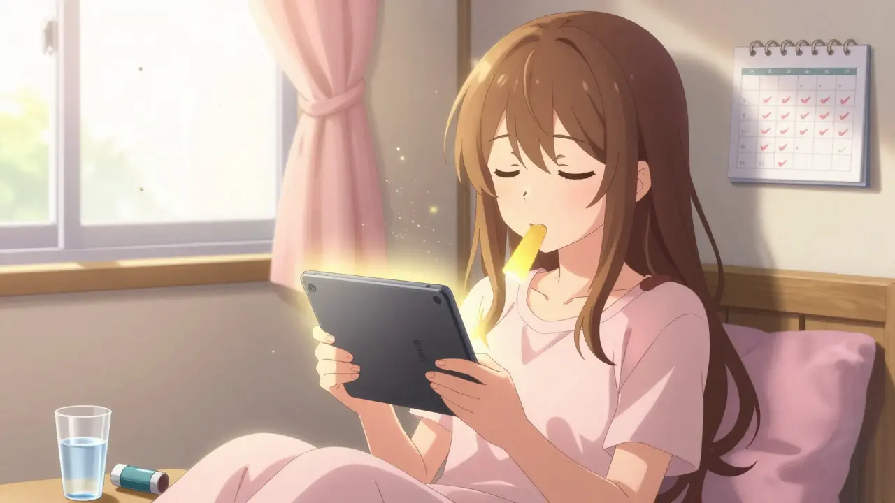 Teenage girl taking an SLIT tablet at home, sunlight streaming in, calendar marked with daily doses nearby.