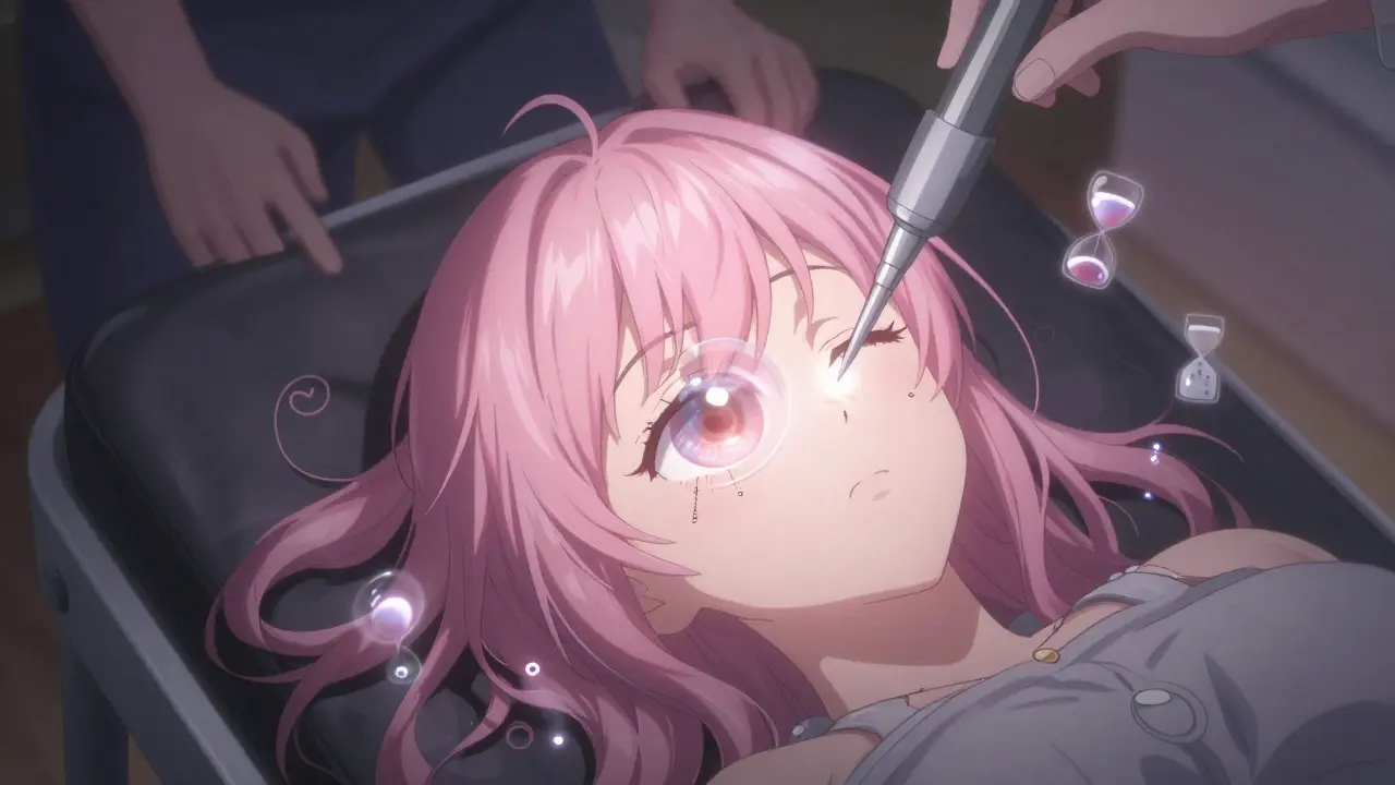 Woman recovering face-down after retinal surgery, with a glowing gas bubble inside her eye and faint surgical lights around it.