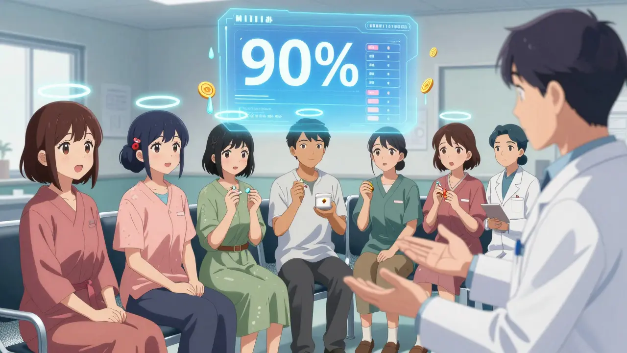 A diverse group of patients in a clinic, each with glowing generic pills, as a pharmacist explains their safety and effectiveness.