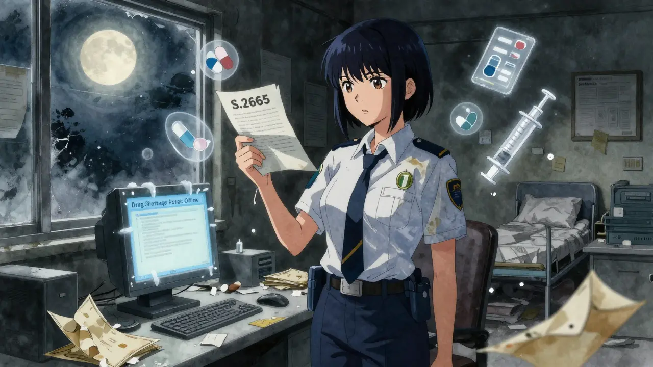 A lone FDA inspector stands in a dark, abandoned office, staring at a frozen computer screen while ghostly medical icons float around her.