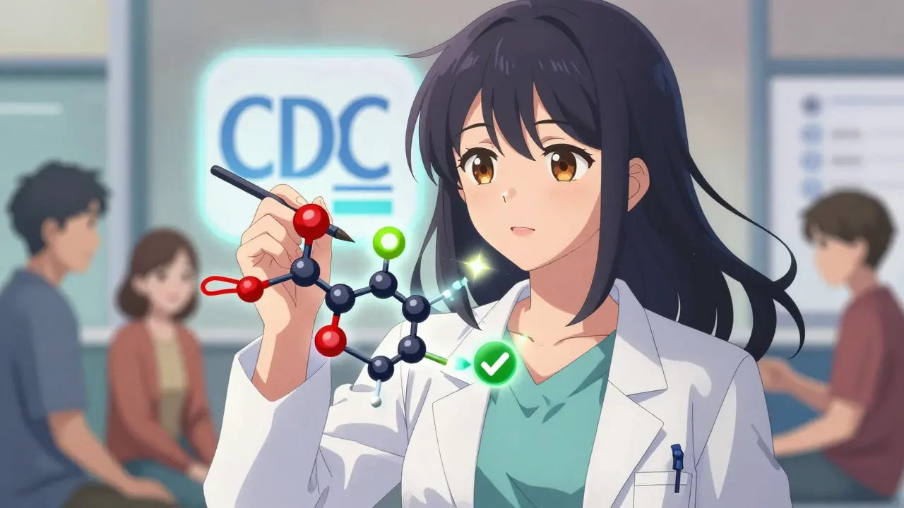 A medical illustrator paints cephalosporin molecules with colored side chains, showing low-risk third-gen drugs glowing safely beside warning signs.