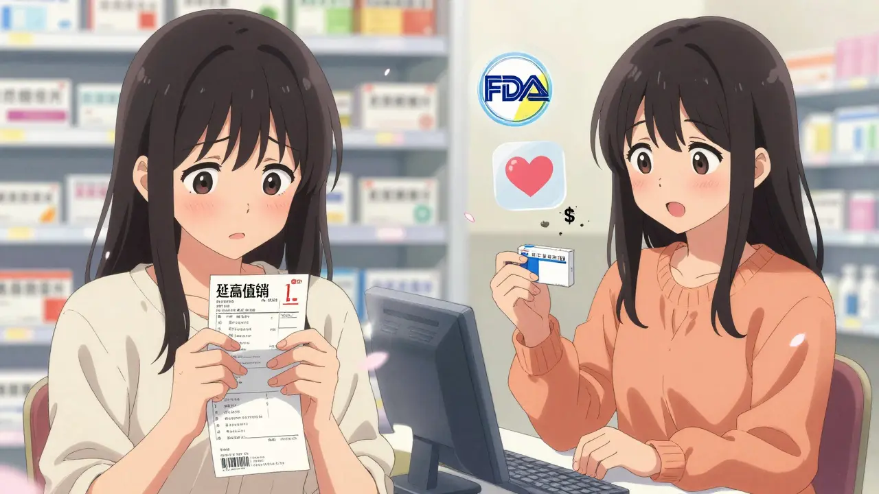 A patient transitioning from worry to relief as they receive a generic medication at the pharmacy counter.