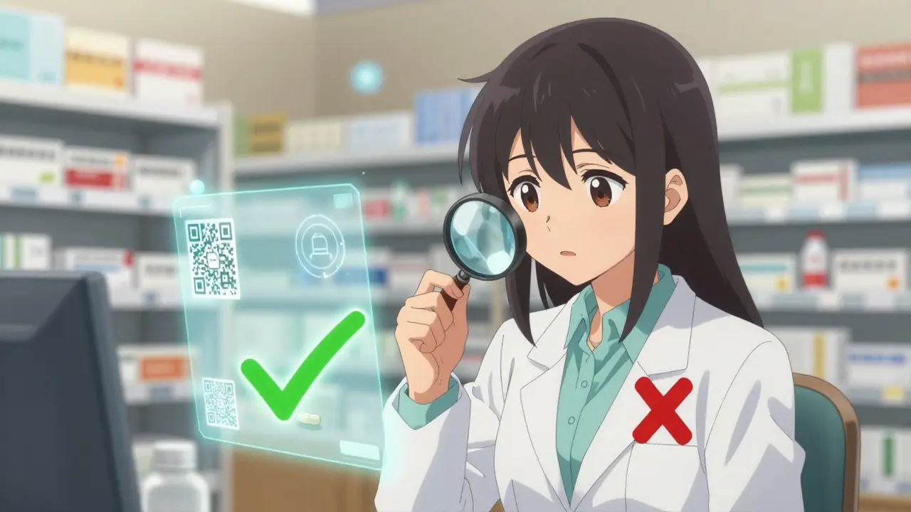 A pharmacist examines a pill with a magnifying glass as glowing symbols show real vs fake.
