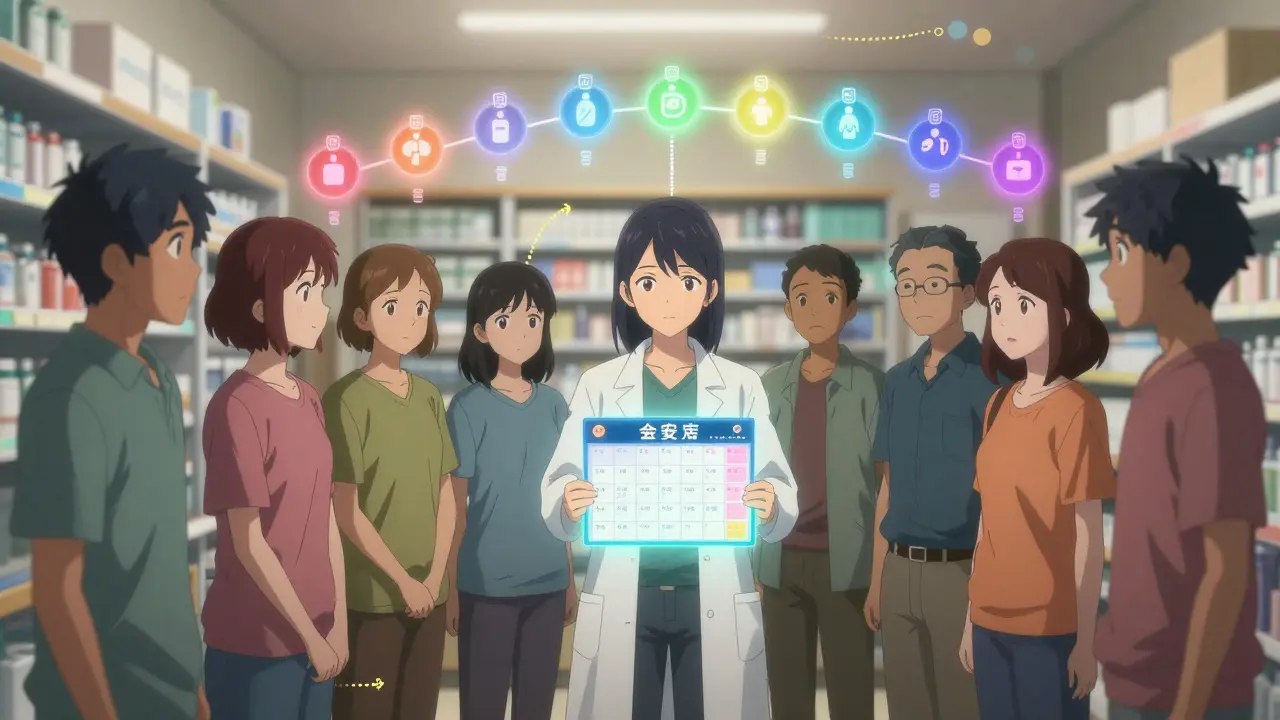 A pharmacist holds a calendar as patients around her radiate synchronized medication schedules in glowing colors.