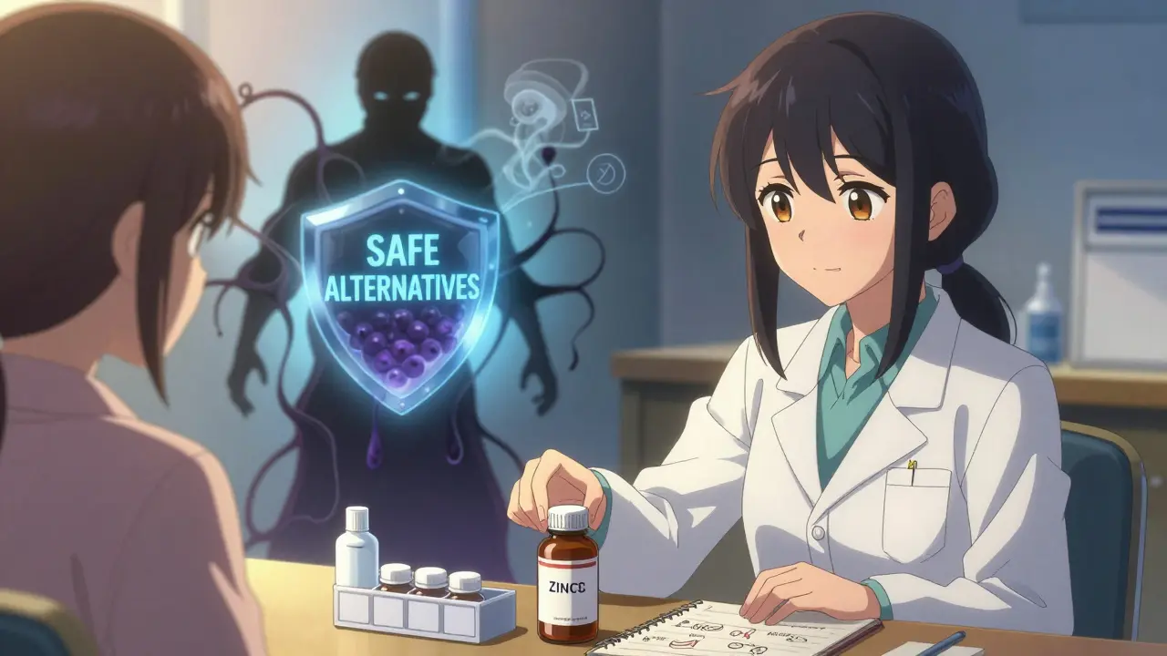 A pharmacist placing vitamin D beside medication as elderberry syrup dissolves into smoke, with safe alternatives glowing nearby.