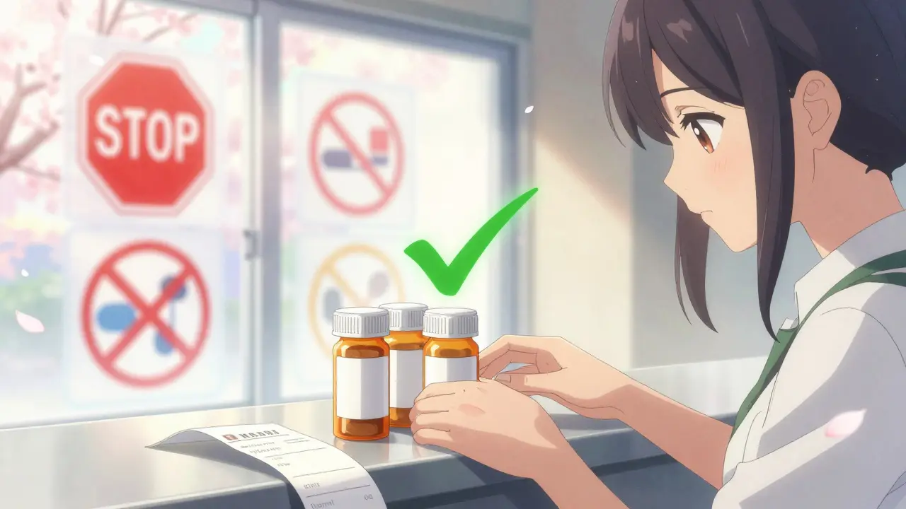 A woman places prescription bottles on a counter as warning icons fade and a green checkmark glows above them.