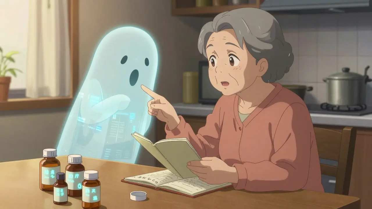 An elderly woman reviews medication labels at a kitchen table, with a translucent pharmacist guiding her through hidden allergens.