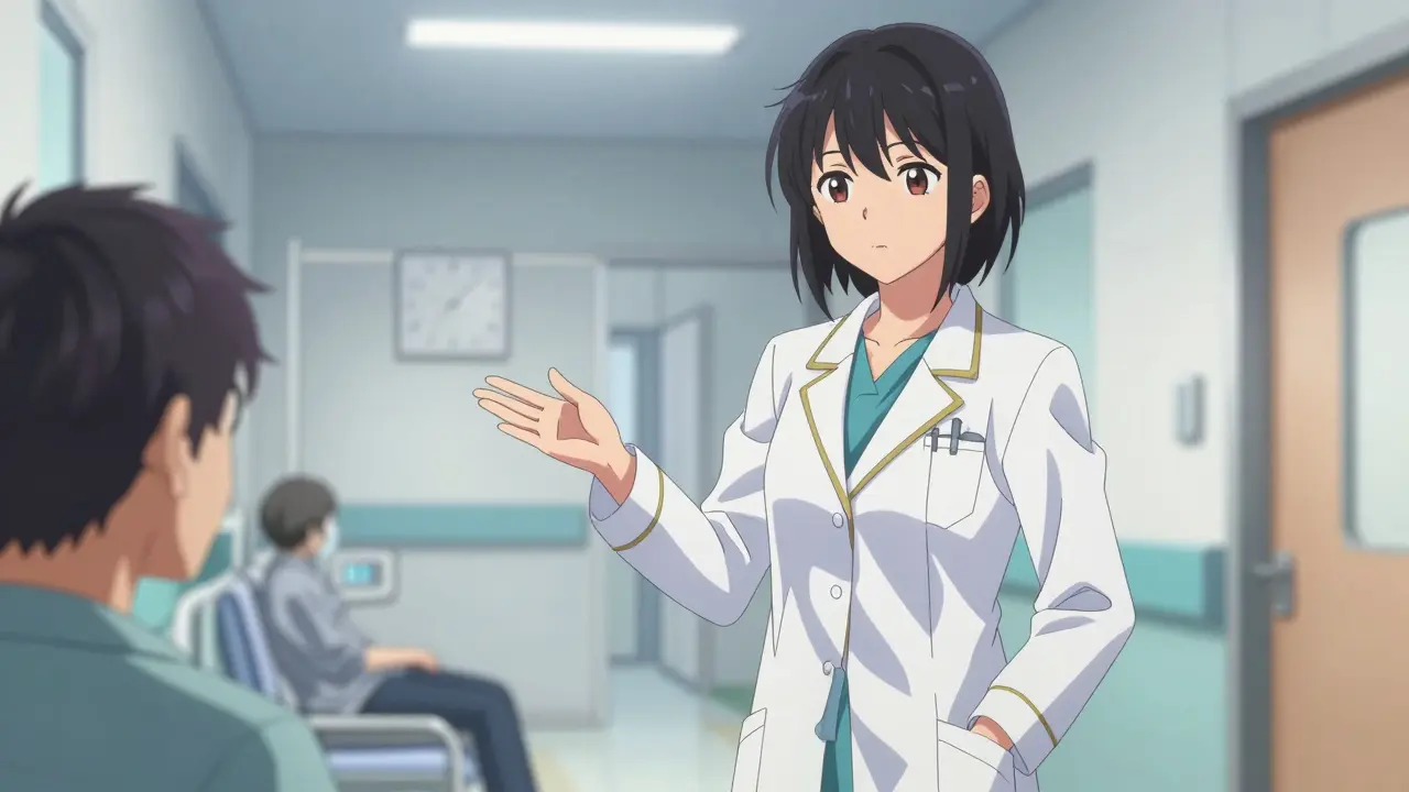 Doctor gesturing near hospital bed in anime style