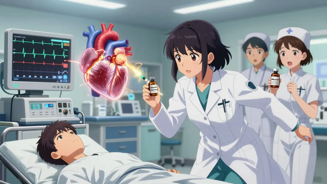 ER medical team administering calcium gluconate to patient with ECG displaying dangerous cardiac changes.