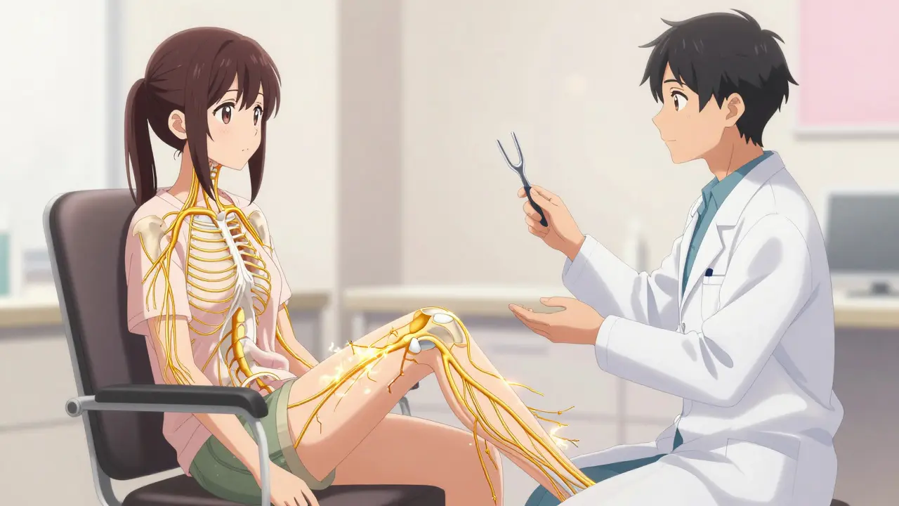 Girl in clinic viewing frayed nerve wiring overlay diagram