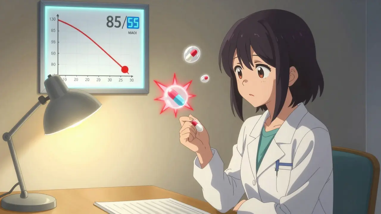 Patient and doctor in consultation, with a glowing graph showing dangerous blood pressure drop and warning pills.