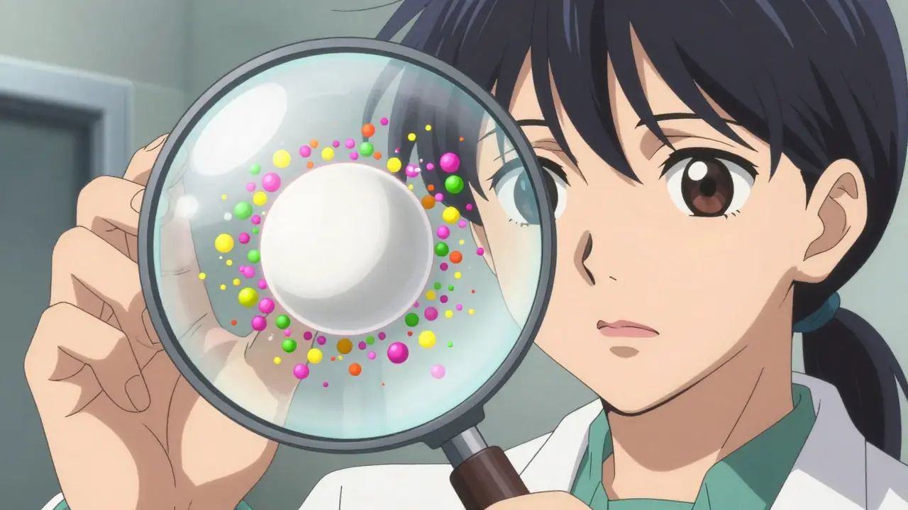 Pharmacist viewing colorful inactive ingredients inside a transparent tablet