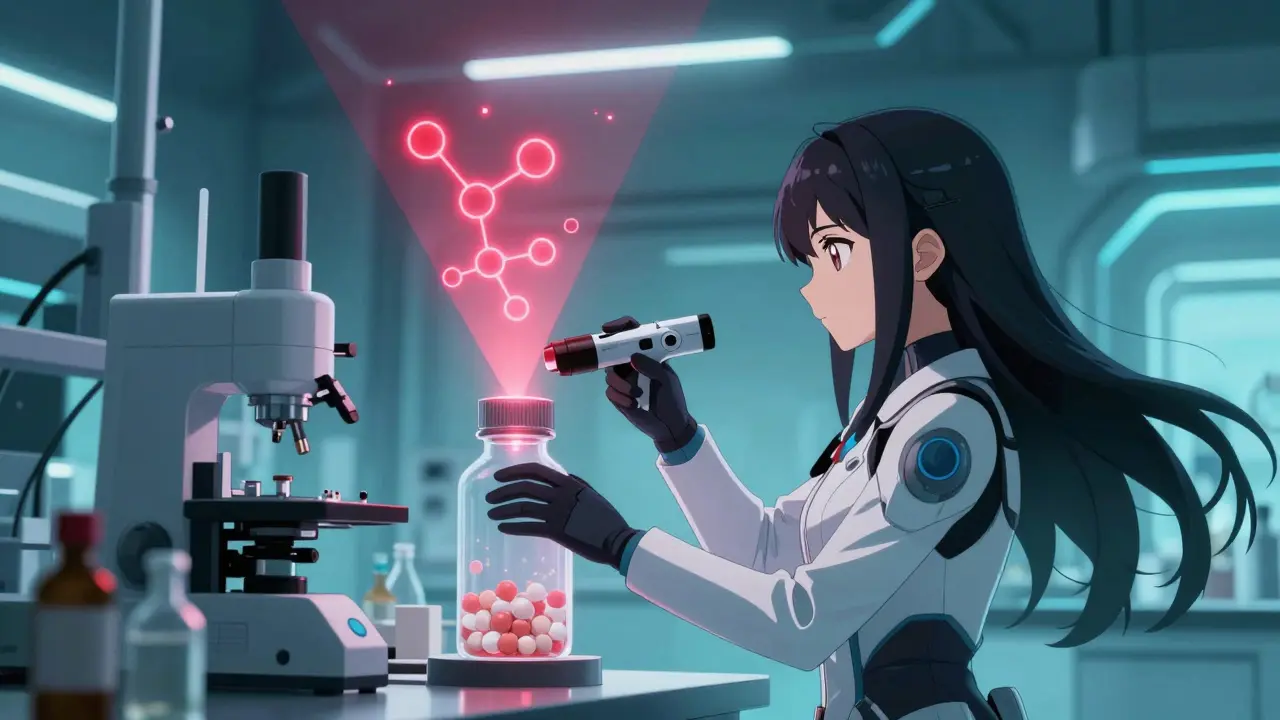 Scientist using laser scanner device to analyze medication structure