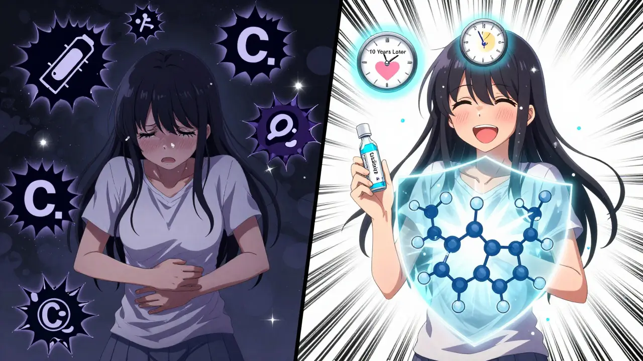 Split scene: one side shows fear of risky antibiotics, the other shows relief as ceftriaxone shines with a protective molecular shield.