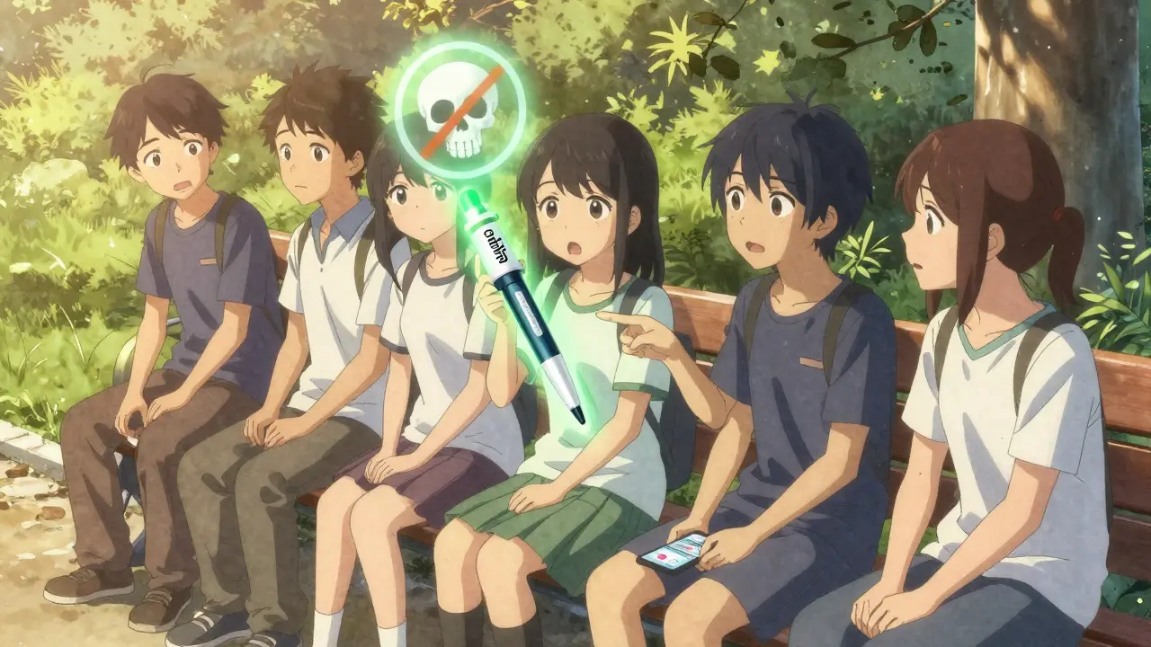 Teens on a park bench hold a fake weight-loss pen glowing with toxic aura.